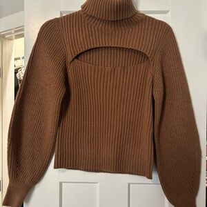 Brown Turtleneck Cutout Sweater